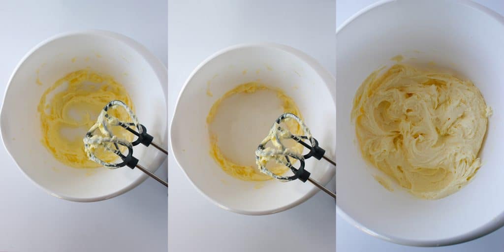 left: creamed butter in a bowl; center: creamed butter with sugar in a bowl; right: batter after mixing sugar and butter together