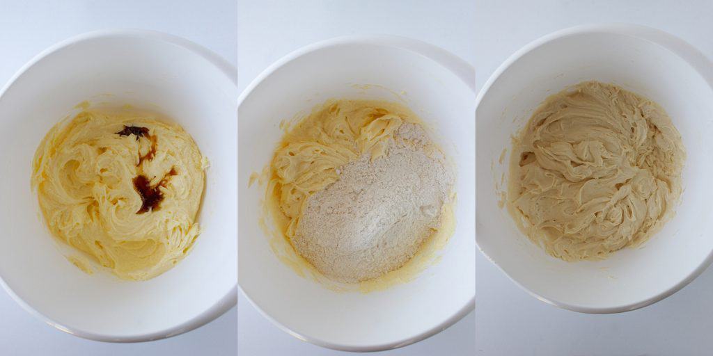 left: bowl of batter with vanilla added; center: flour added to batter; right: fully mixed muffin batter