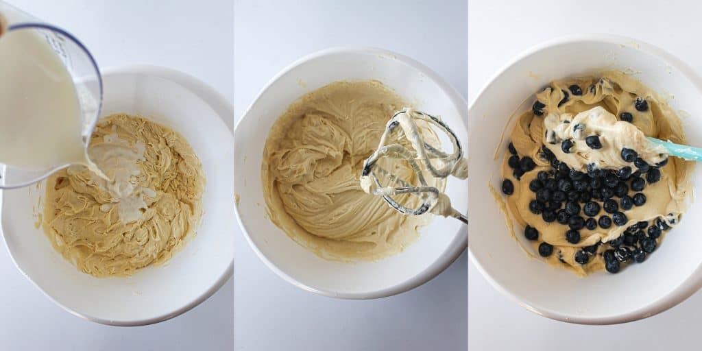 left: adding milk to the batter; center: batter after milk is mixed in; right: folding blueberries into the batter