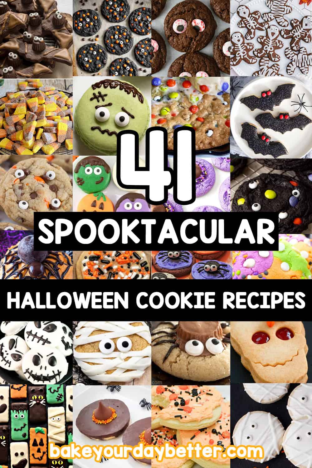 pictures of halloween cookies with text overlay that says: 41 spooktacular halloween cookie recipes
