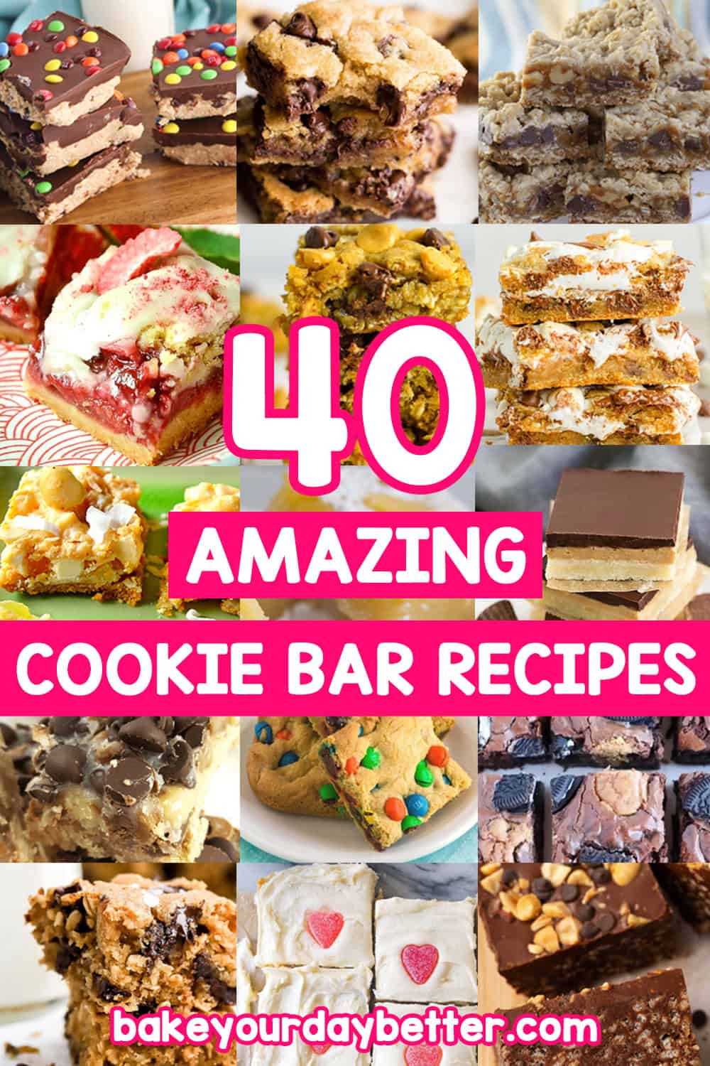 photos of cookie bars with text overlay that says: 40 amazing cookie bar recipes