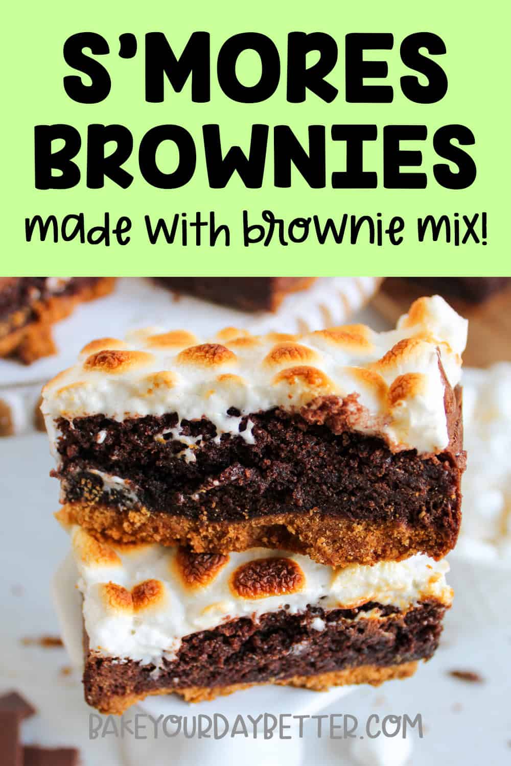 picture of s'mores brownies with text overlay that says: s'mores brownies made with brownie mix!