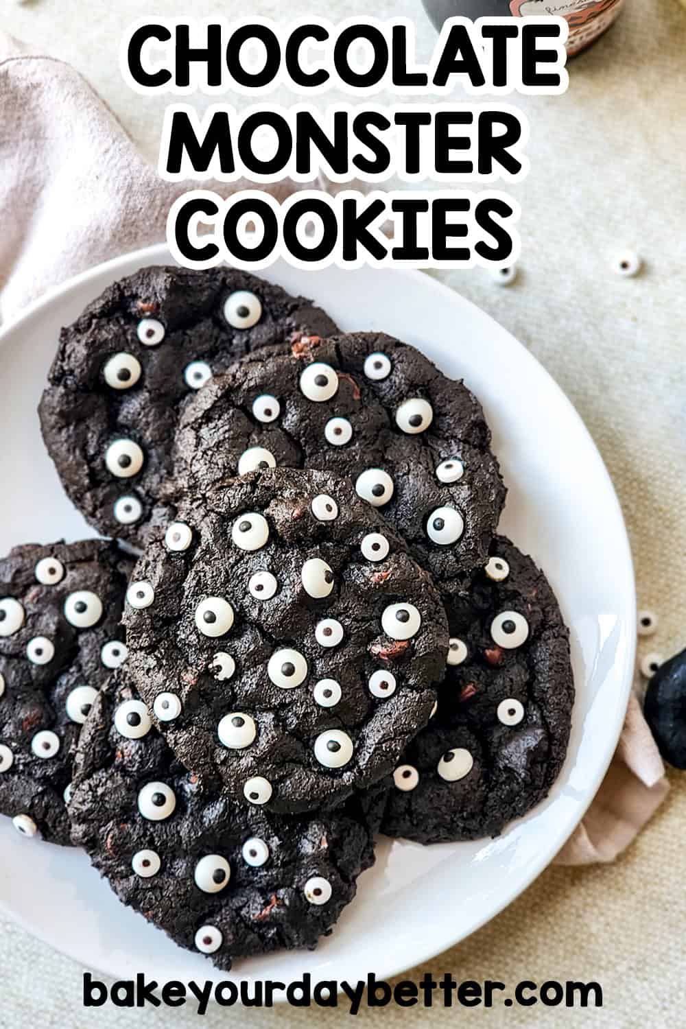 plate of chocolate monster cookies with text overlay that says: chocolate monster cookies