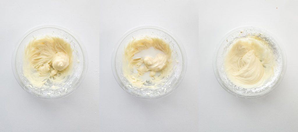 left: cream cheese frosting mixture; middle milk added to cream cheese mixture; right: smooth cream cheese frosting after mixing in milk.