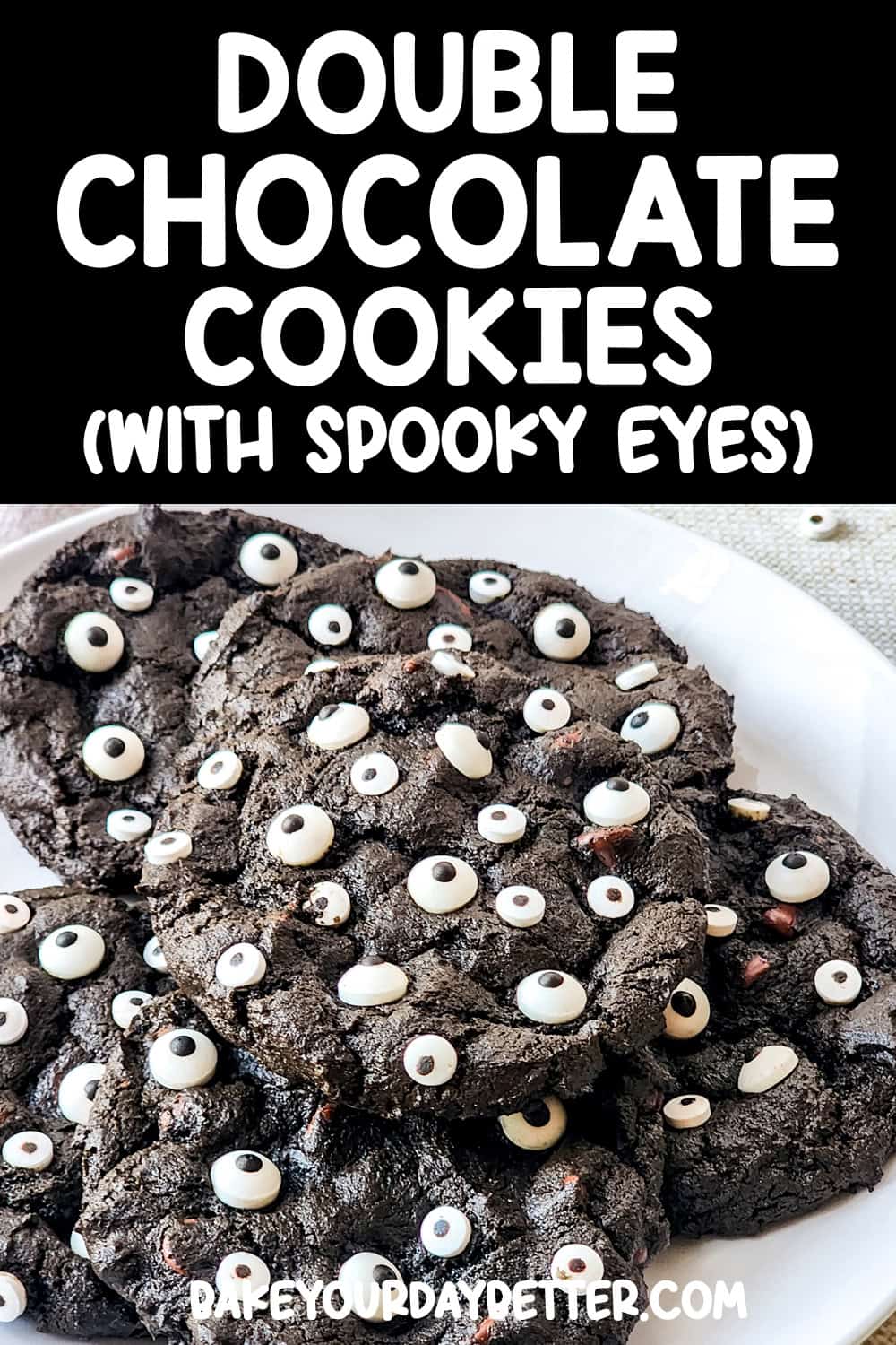 plate of monster cookies with text overlay that says: double chocolate cookies with spooky eyes