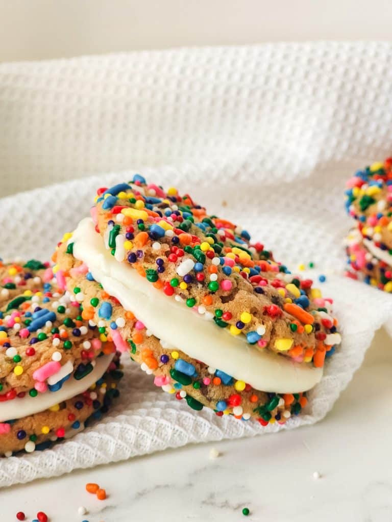 finished funfetti sandwich cookies on counter