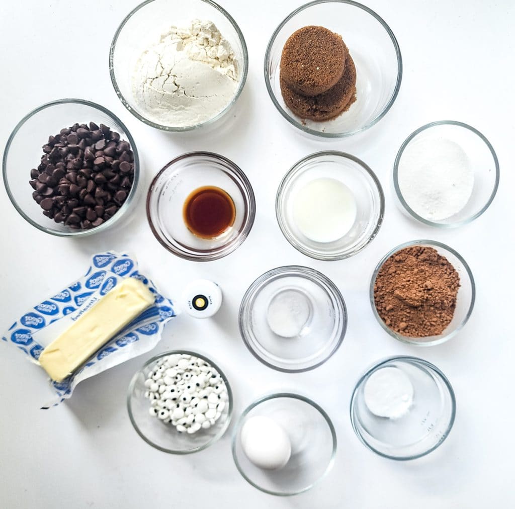 overhead shot of halloween double chocolate chip cookie ingredients