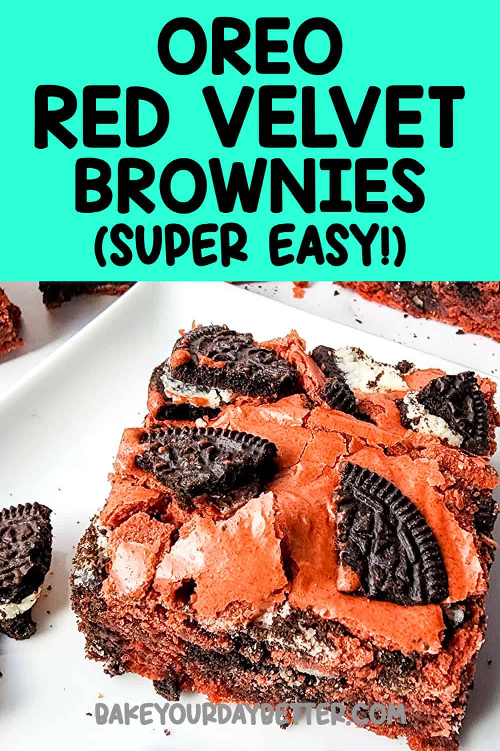 picture of oreo red velvet brownie on plate with text overlay that says: oreo red velvet brownies super easy!