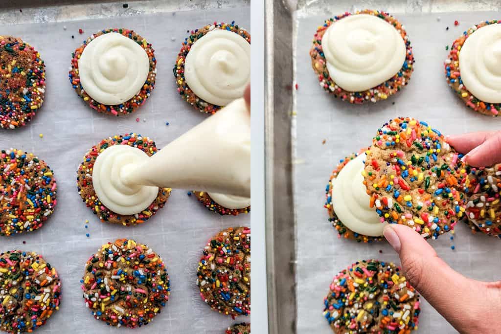 left: frosting half of the baked cookies; right: placing unfrosted cookies on top of frosted cookies to make sandwiches