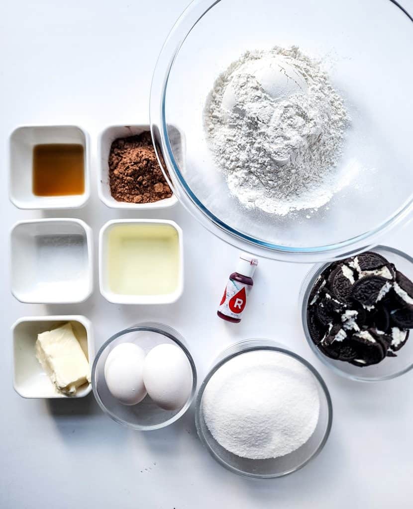 overhead shot of ingredients needed to make oreo red velvet brownies