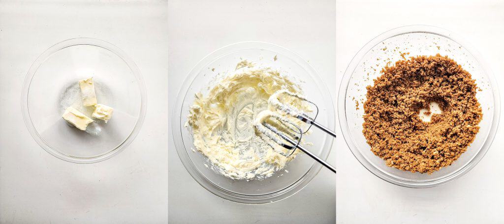 left: butter in a bowl; center: butter blended in a bowl; right: sugar and butter blended