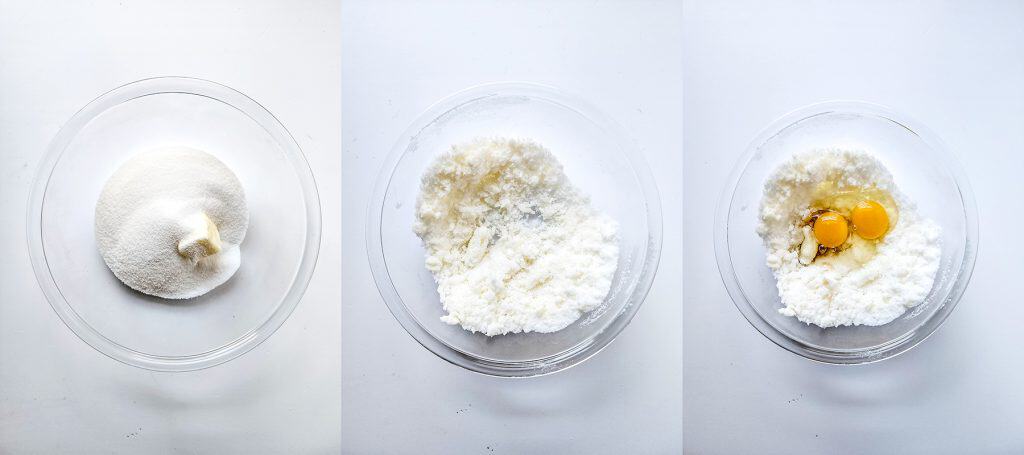 left: butter and sugar in a bowl; middle: butter and sugar beaten together; right: eggs added to butter and sugar