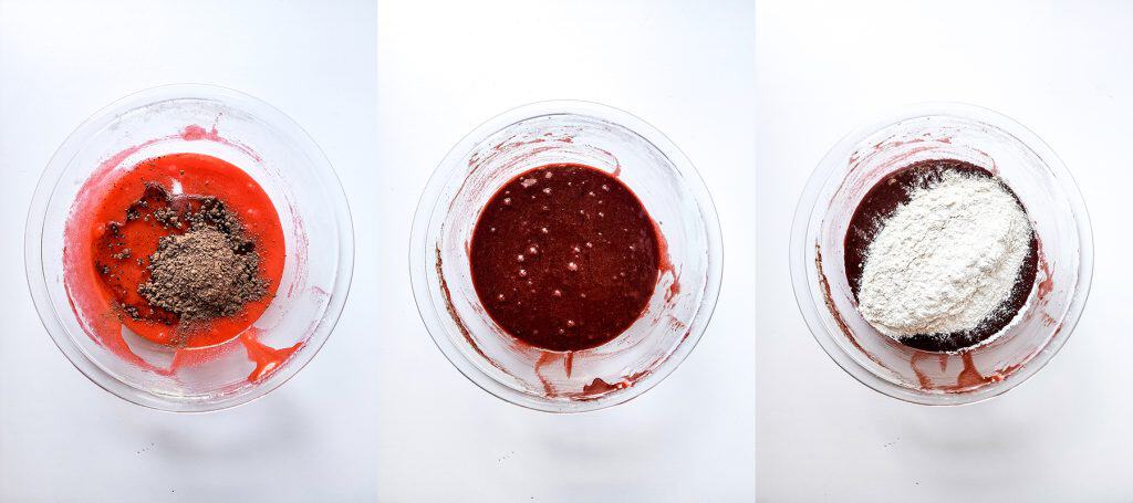 left: cocoa powder added to mixture; center: cocoa powder fully mixed; right: flour added to mixture