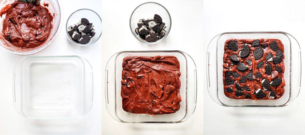 left: batter, oreos, and empty prepared baking dish: middle: batter in baking dish; right: oreos on top of batter before baking