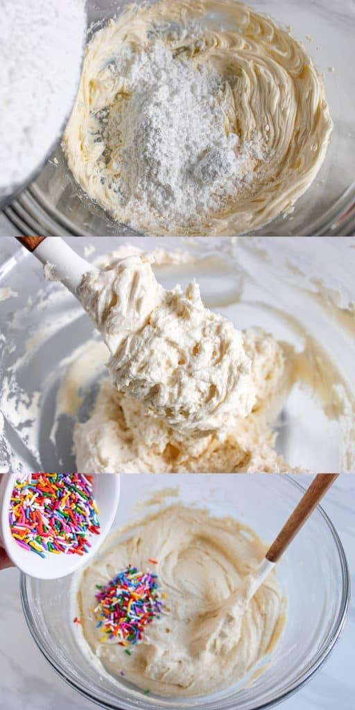 top: flour being added to batter mixture; middle: batter after flour is combined; bottom: sprinkles being added to batter