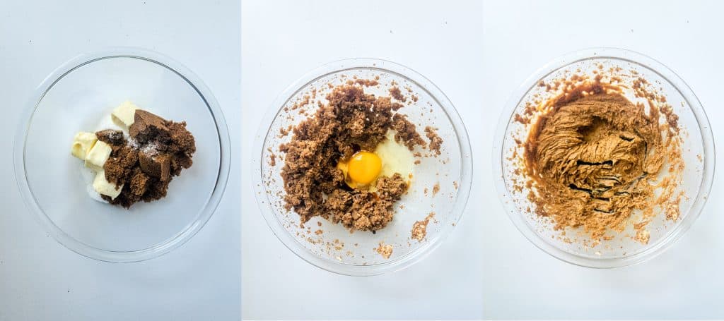 left: butter and sugar in a bowl; center: egg and vanilla added to butter and sugar mixture; right: butter, sugar, and eggs combined