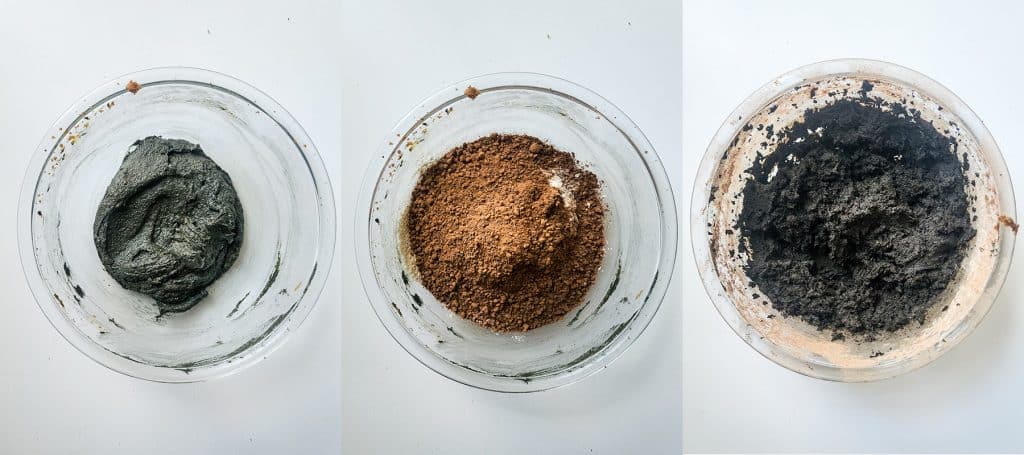 left: black food dye added to dough; center: flour, cocoa powder, baking soda, and salt added to bowl; right: cookie dough mixture