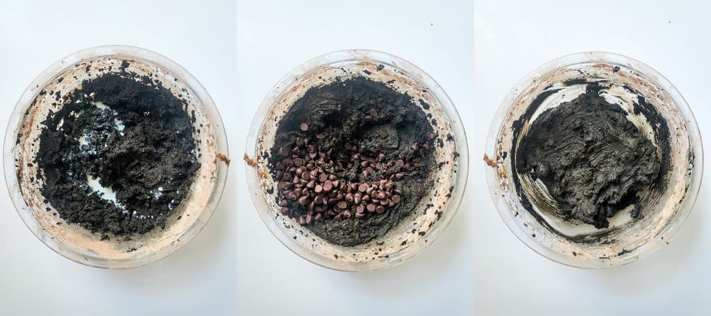 left: milk added to batter; center: chocolate chips added to batter; right: all ingredients combined