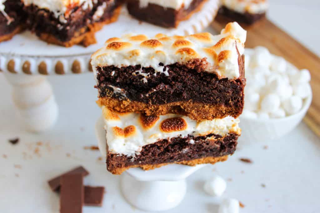 s'mores brownies on a pedestal 