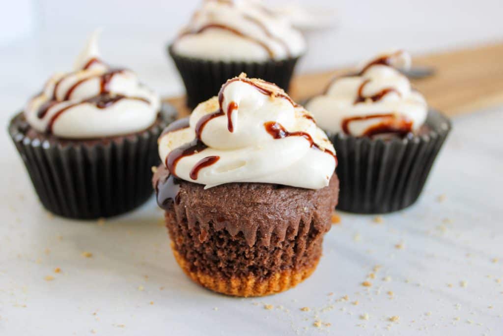 s'mores cupcakes on marble countertop