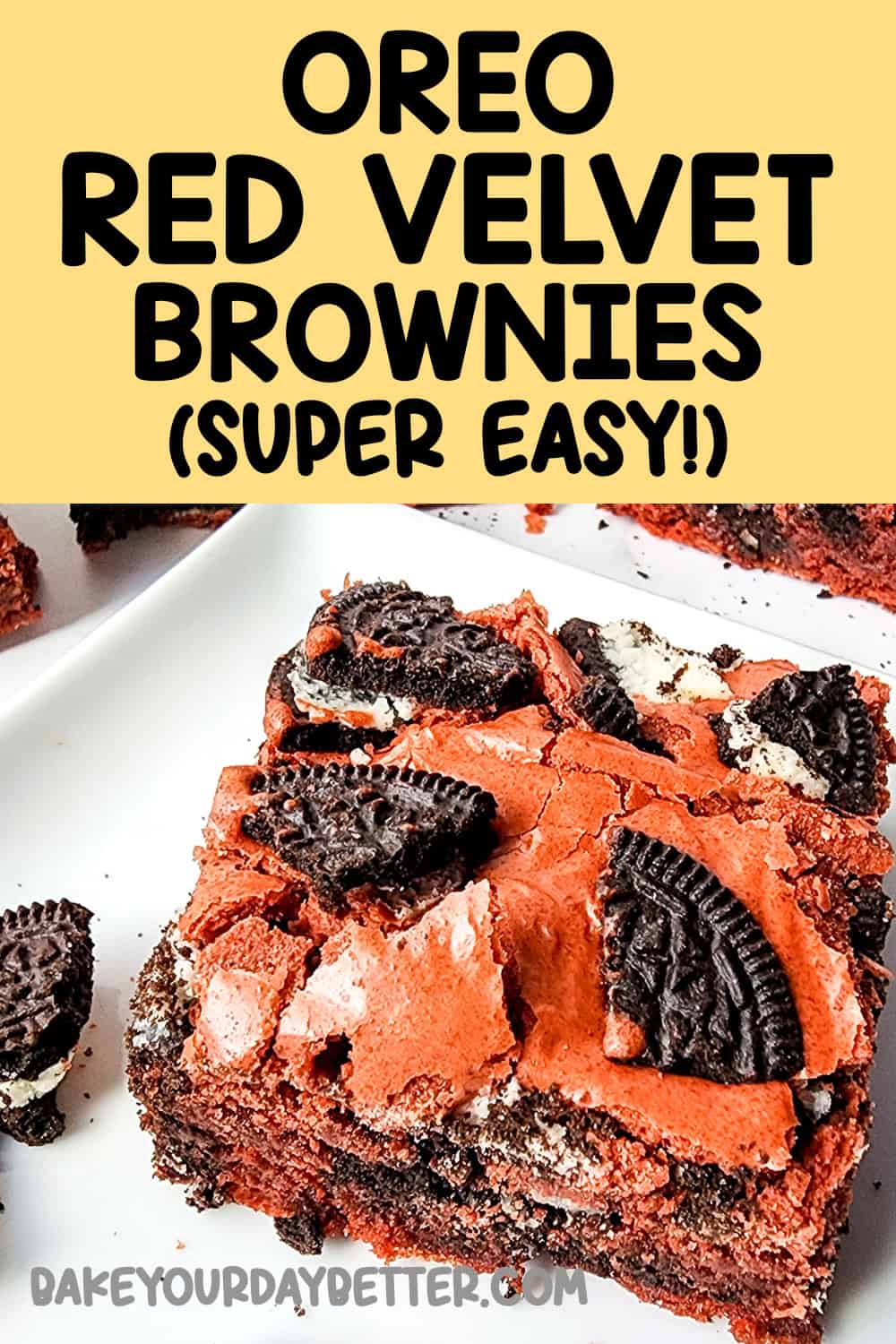 picture of oreo red velvet brownie on plate with text overlay that says: oreo red velvet brownies super easy!