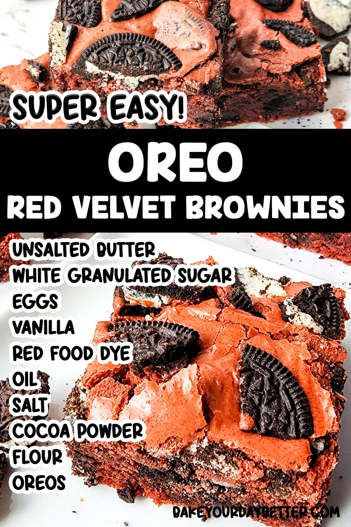 pictures of oreo red velvet brownies with text overlay of ingredients