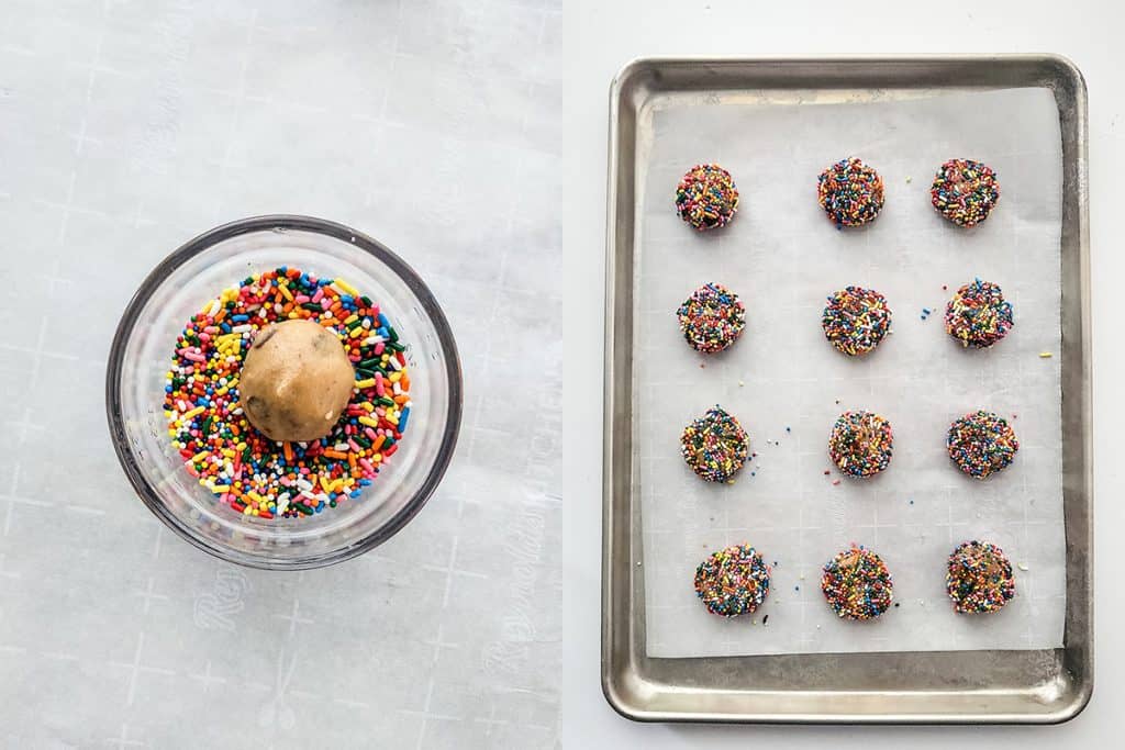 left: cookie dough ball in bowl of sprinkles; right: cookie dough balls on baking sheet