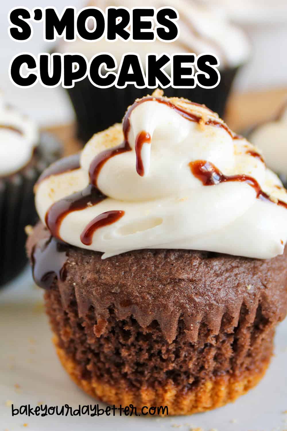 closeup picture of s'mores cupcake with text overlay that says: s'mores cupcakes