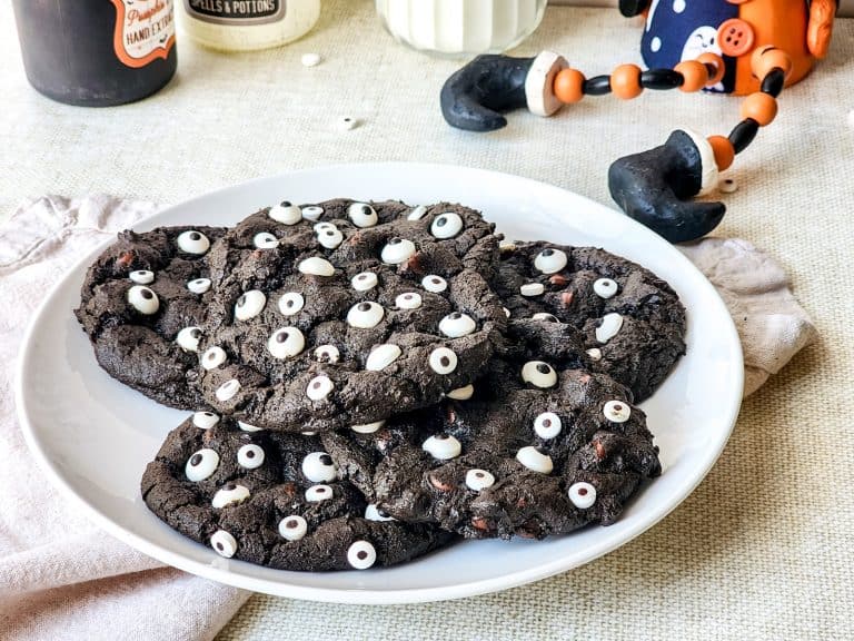 Halloween Double Chocolate Chip Cookies with a Spooky Monster-Eyed Twist