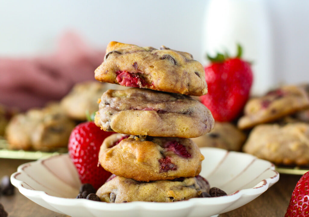 strawberry chocolate chip cookies on a plate