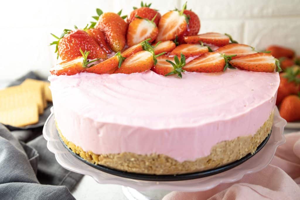 close up shot of the no bake strawberry cheesecake on a counter