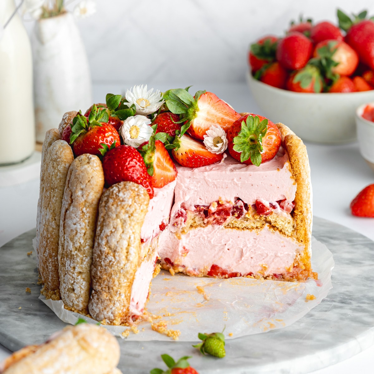 eggless strawberry charlotte cake