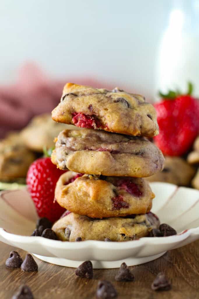 stack of strawberry chocolate chip cookies