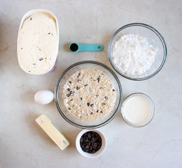 overhead shot of ingredients for chocolate chip cookie dough ice cream cake recipe