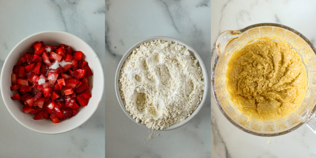 left: bowl of strawberries and sugar; center: dry ingredients in a bowl; right: dry and wet ingredients mixed together