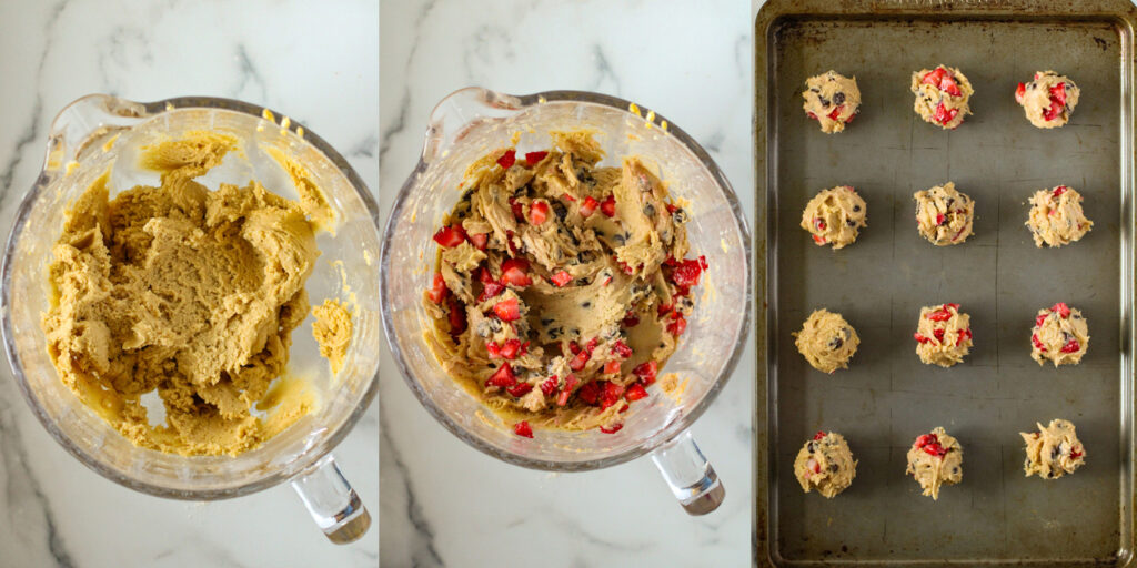 left: batter mixed in bowl; center: strawberries and chocolate chips mixed with cookie batter; right: balls of dough on baking sheet