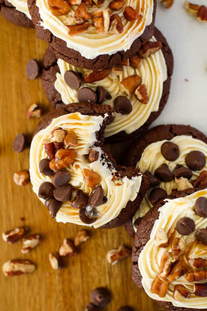 stack of chocolate turtle cookies