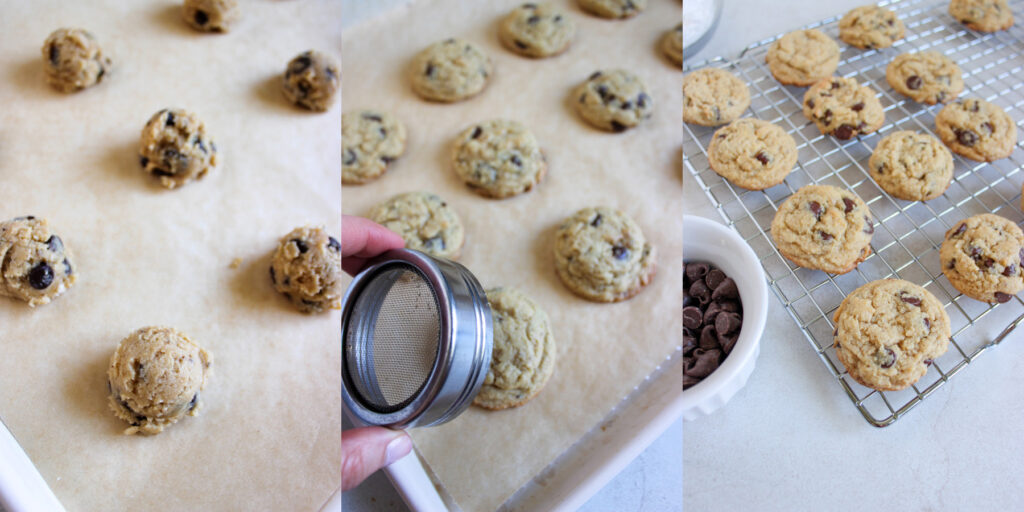 left: uncooked cookies on a baking sheet; center: using a 2 inch ring on cookies; right: cookies cooling on a rack