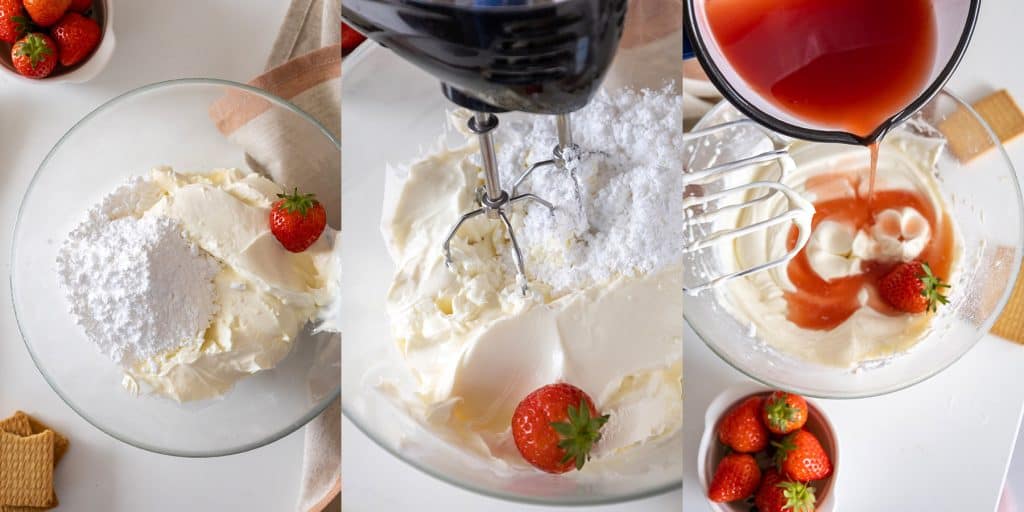 left: cheesecake ingredients in a bowl; center: mixing cheesecake ingredients; right: mixing strawberry gelatin into cream cheese mixture