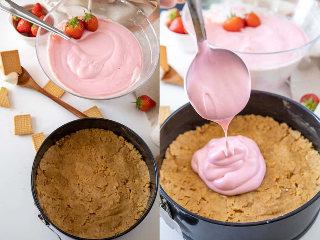 left: bowl of cheesecake layer next to graham cracker layer; right: pouring cheesecake on top of graham cracker crust