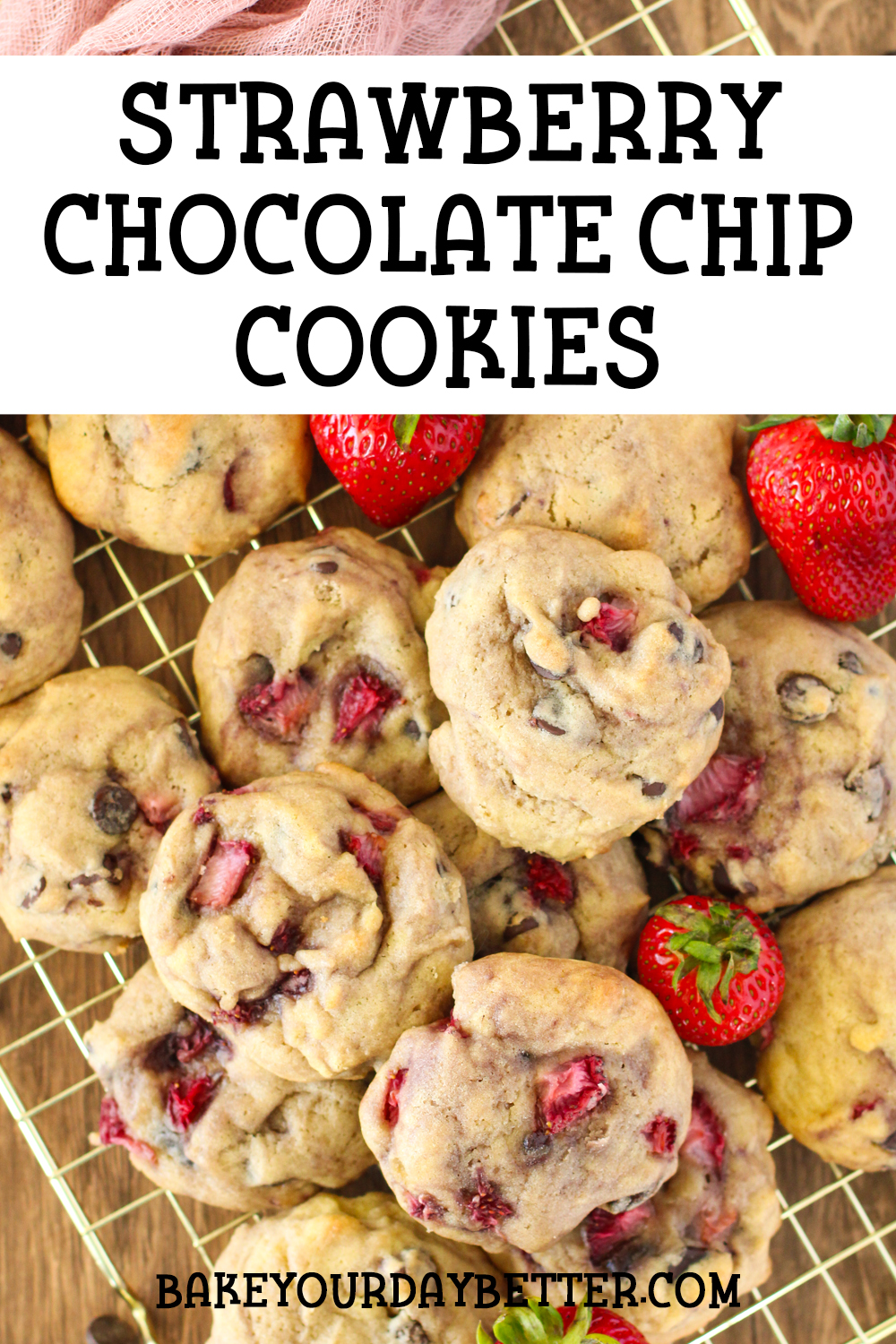 picture of cookies with text overlay that says: strawberry chocolate chip cookies
