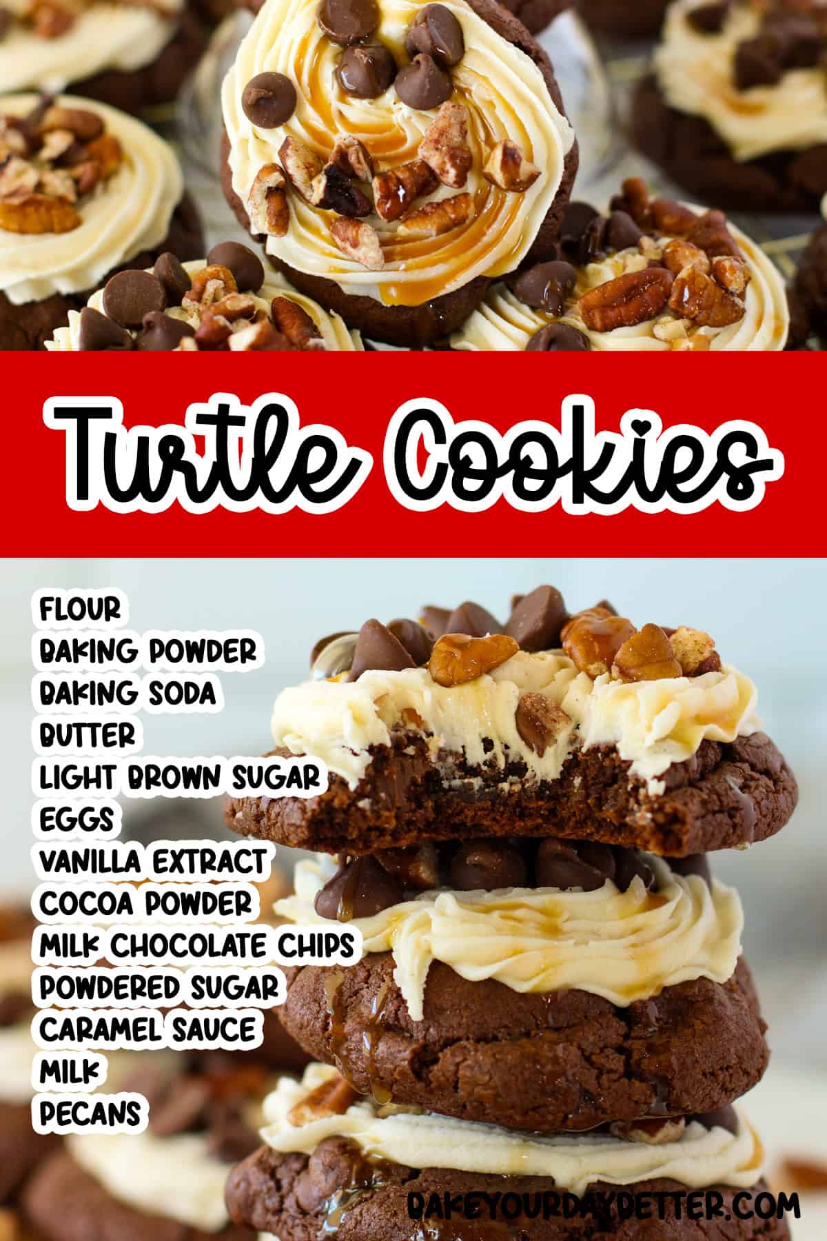pictures of turtle cookies with text overlay of ingredients list
