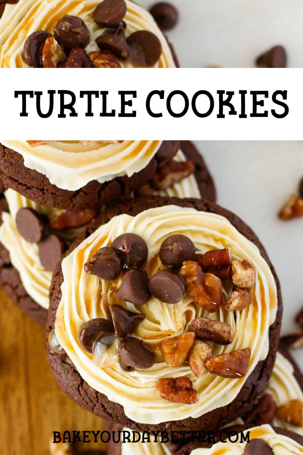 picture of homemade turtle cookies with text overlay that says: turtle cookies