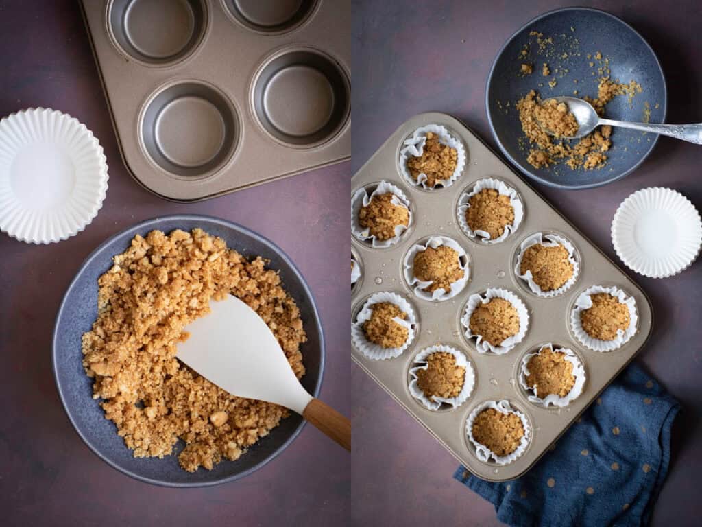 left: graham cracker mixture in a bowl; right: graham cracker layer in cupcake lined pan