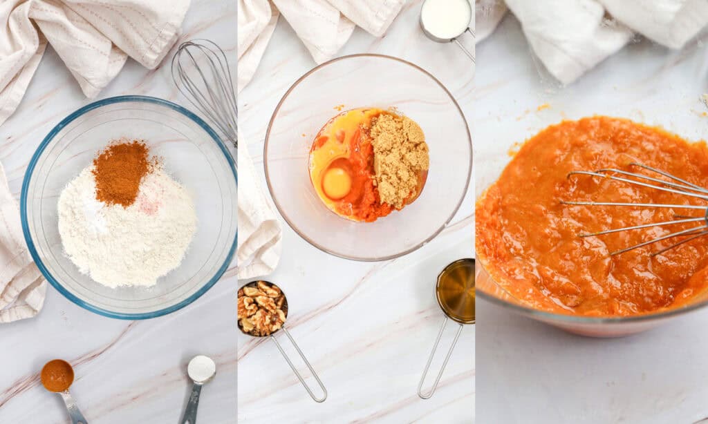 left: dry ingredients in a bowl; center: and right: mixing wet ingredients in a bowl