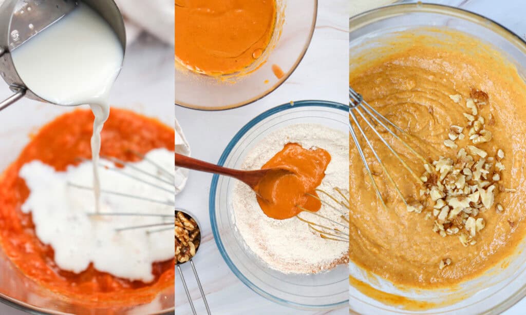 left: adding milk to wet ingredients; center: mixing wet into dry ingredients; right: adding walnuts to mixture