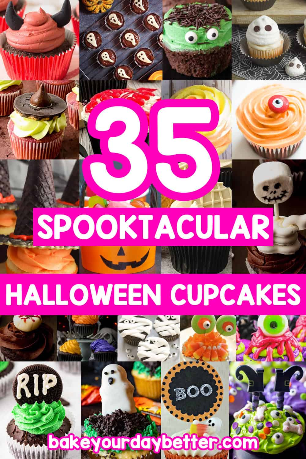 pictures of halloween cupcakes with text overlay that says: 35 spooktacular halloween cupcakes
