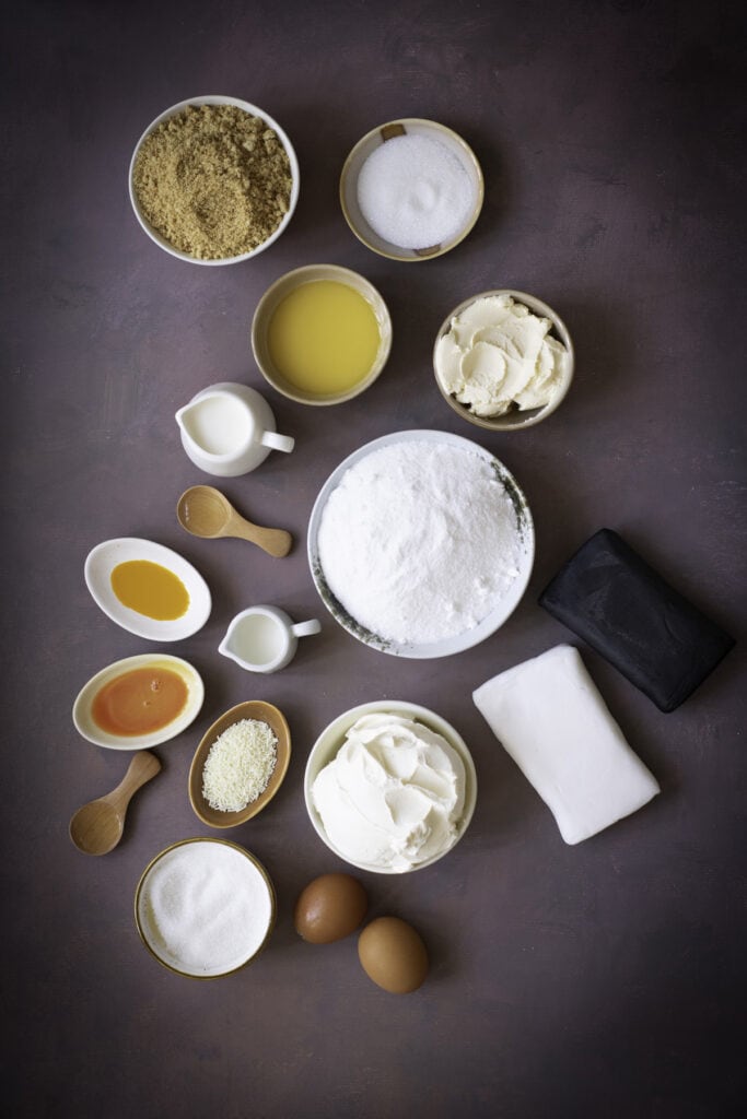 overhead shot of ingredients for mini candy corn cheesecakes