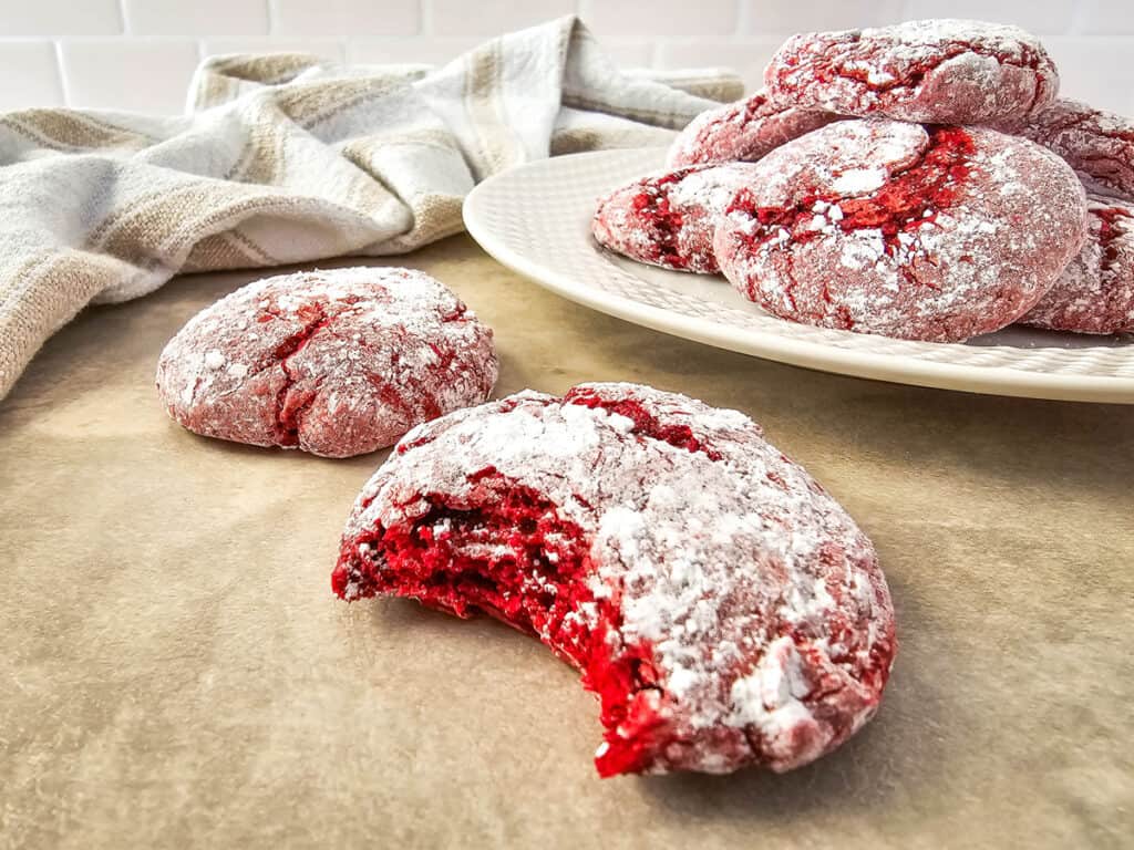 red velvet crinkle cookies made from cake mix