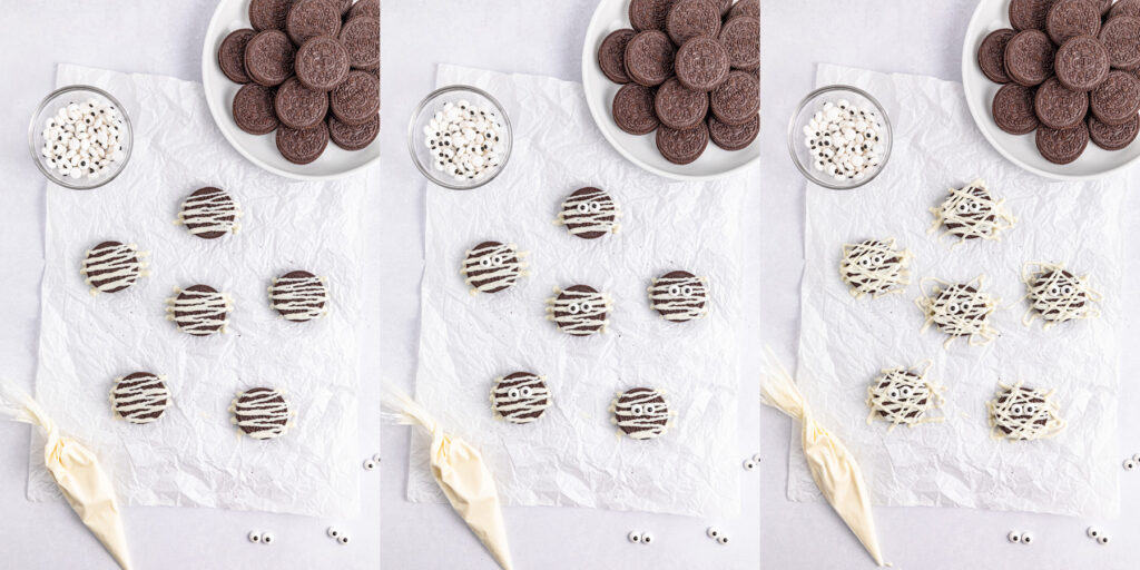 left: drizzle candy left to right; center: add eyes to candy melts; right: drizzle candy diagonally across cookies